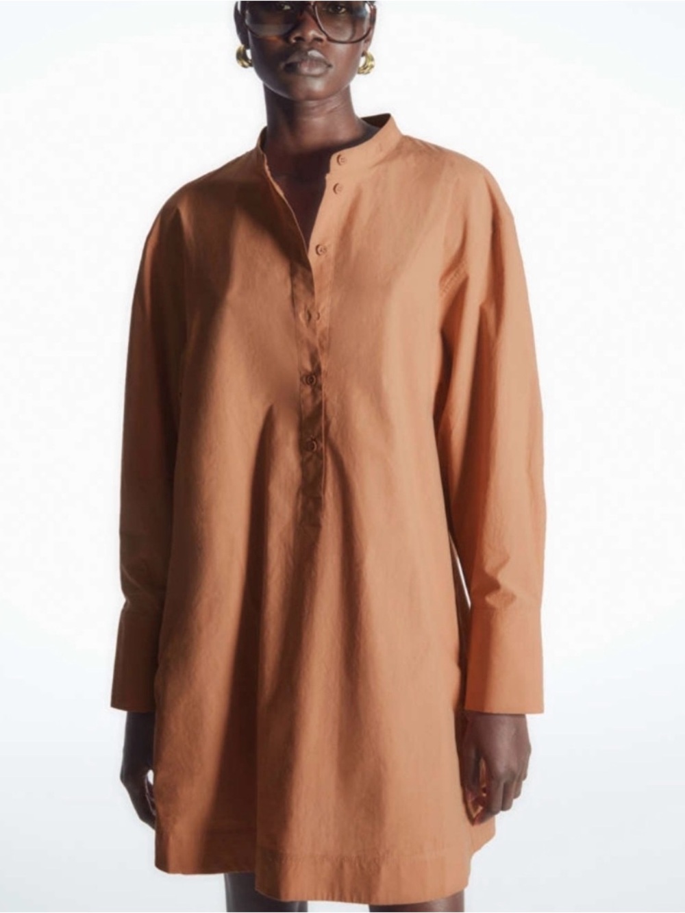 COS Women's Band-Collar Button-Down Shirt Dress — Tan free size